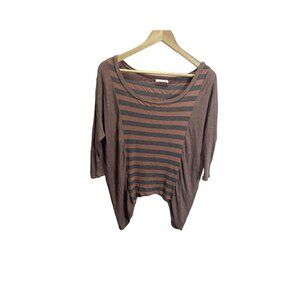 Soprano Red Gray Stripe  Shark Bite Hem Long Sleeve Top S Stretch Casual